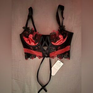 Elegant Lace Trim Pink and Black Bustier - For Love & Lemons Ivy Bra - SMALL